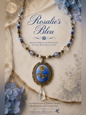 “Rosalie’s Bleu”-Blue Rose Cameo Necklace with pearls and cloisonné